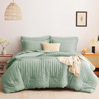 CozyLux Full Size Comforter Sets with Sheets Seersucker 7 Pieces Sage Green Bed in a Bag Textured Luxury Soft Bedding Set with Down Alternative Comforter, Sheets, Pillowcases & Shams for All Seasons