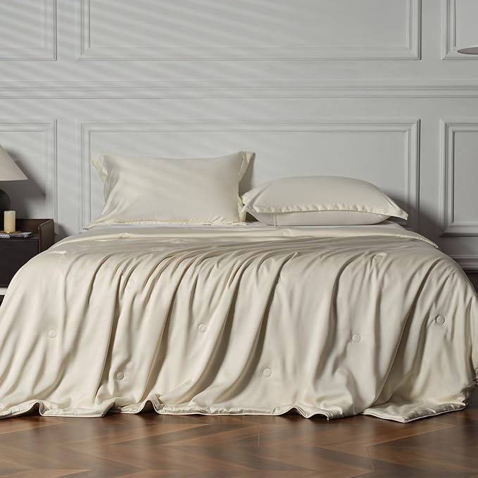 EP Mode Mulberry Silk Filled Quilt with 100% Viscose from Bamboo Fabric, Natural Lightweighted Cooling Comforter (Oatmeal, Twin 68” X 88”)