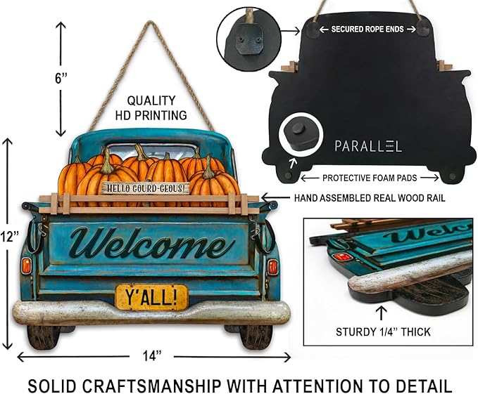 Interchangeable Welcome Sign for Front Door Blue Farmhouse Truck Decor Hanging Sign with 11 Interchangeable Seasonal and Holiday Decor Signs 12x14 in. (Blue Farmhouse Truck)