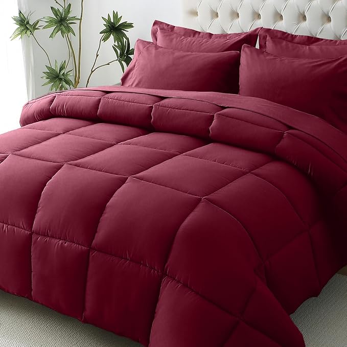 JOLLYVOGUE King Comforter Set, Ultra-Soft Bed in a Bag King Size 7 Pieces, Oeko-TEX Certified Bedding Set with Down Alternative Comforter, Sheets, Pillowcases & Shams, Burgundy