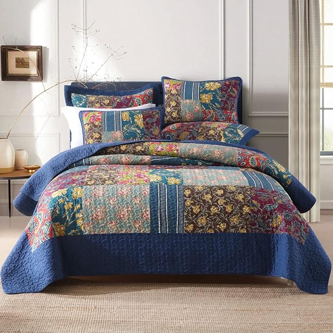 Cotton Bedspread Quilt Sets Reversible Bedding Coverlet Sets 3 Pieces Patchwork Blue Vintage Floral Paisley Bedspread, King Size