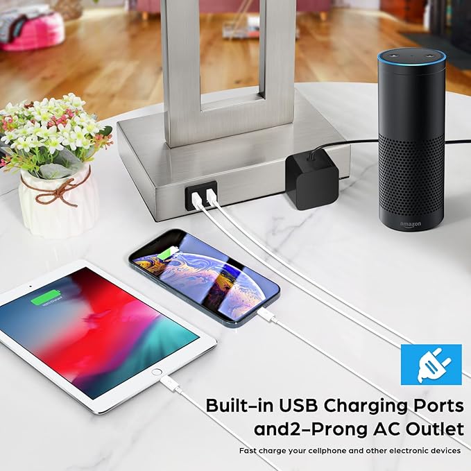 Modern Silver Table Lamps Set of 2, 28inch Tall Lamps for Living Room Bedroom with 2 USB Ports&AC Outlet, 3 Way Dimmable Touch Control Desk Lamps for Reading Home Office, 2 Bulbs Included