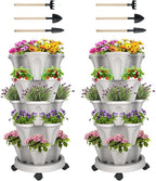 Vertical Planter 5 Tier Stackable Planters Garden Planters Strawberry Herb Flower and Vegetable Planter Indoor Outdoor Gardening Pots with Removable Wheels and Tools 2-Pack