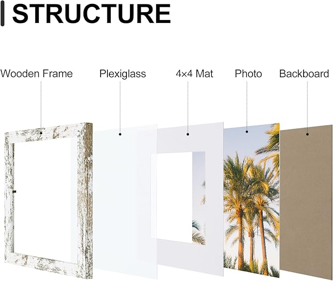 Vittanly 8x8 Picture Frames Set of 9, Shatter Resistant Plexiglass, Display 4x4 Pictures with Mat or 8x8 without Mat, Photo Frames for Wall Mount, Engineered Wood, Distressed White