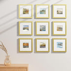 Vittanly 8x8 Picture Frames Set of 9, Shatter Resistant Plexiglass, Display 4x4 Pictures with Mat or 8x8 without Mat, Photo Frames for Wall Mount, Engineered Wood, Gold