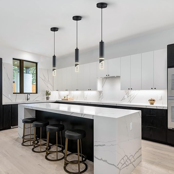 Modern Dimmable Led Pendant Lights Kitchen Island, Ideal for Living Room, Bedroom,Sink 6w LED Crystal Energy-Saving Hanging Lamp for Cozy Lighting (Black 3-Pack)
