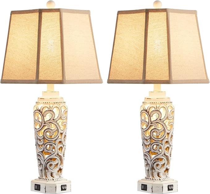 27" Rustic Table Lamps Set of 2 for Living Room with USB A+C Ports, Vintage Nightstand Bedroom Lamp with Hollow Nightlight