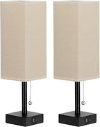 Beige Bedside Table Lamps Set of 2 - Square Bedroom Lamps with 3 Color Temperatures (3000K/5000K/4000K), Nightstand Lamps with USB C + A Charging Ports, Pull Chain Small Night Light for End Table