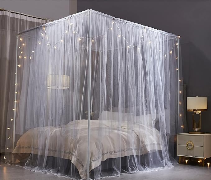 VETHIN 4 Corners Post Princess Bed Canopy Curtain Double Layer Cozy Drape Netting 4 Opening Mosquito Net for Girls & Adults Bedroom Decoration Accessories (Double Gray, 78" W*86" L*82"*H/(King))