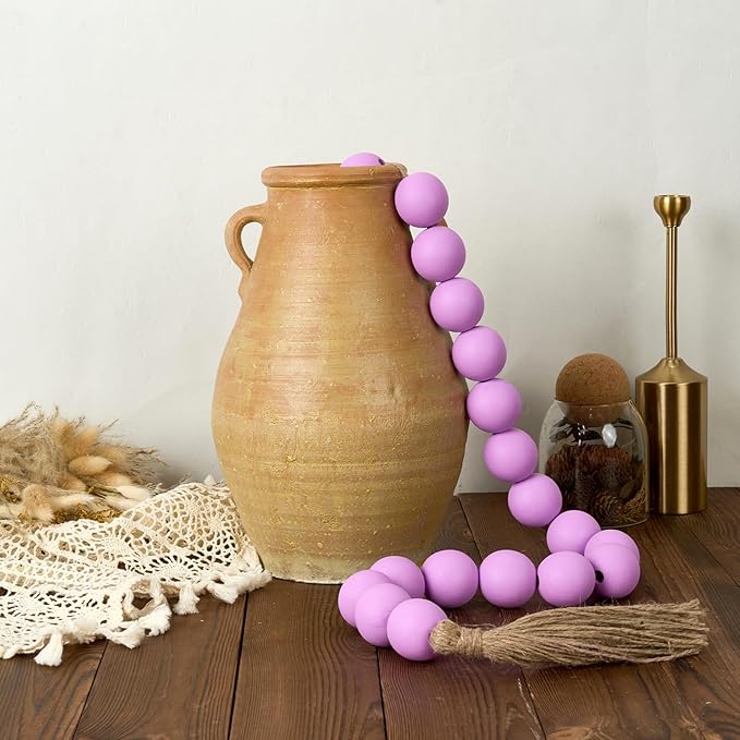 OMISHE Extra Large Wood Bead Garland Purple with 1.6" Diameter Wooden Beads and Tassels, 41" Long Rustic Farmhouse Country Decorative Beads for Home Tiered Tray Decor, Purple
