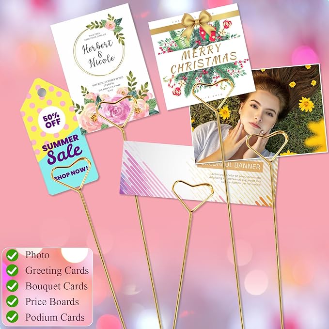 20 Pcs Floral Card Holder Picks, Heart Picture Holders, Photo Holder Pick Stick, Gold Floral Place Card Holder, Floral Picks Clips, Photo Picture Holder for Weddin