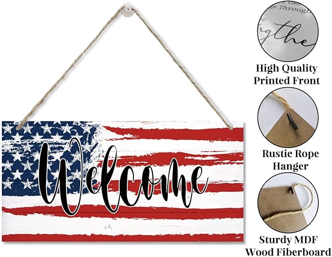 Welcome Decor Sign, Hanging Wood Sign Home Decorative, Printed Wood Wall Art Sign, American Flag Welcome Sign, Patriotic Home Decor, Front Door Decor Sign, Farmhouse Porch Wall Art Sign 12 * 6inch