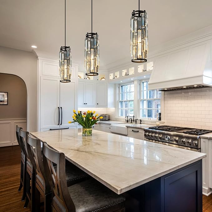 LMQNINE Modern Crystal Pendant Light for Kitchen Island, Adjustable Black Mini Pendant Lighting Fixture with K9 Crystal, E27 Base, Modern Hanging Light for Bedroom Dining Room Bar, 1-Pack