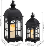 TRIROCKS Set of 2 Decorative Vintage Candle Lanterns 14.5"&20" H Farmhouse Outdoor Hanging Lanterns with Tempered Glass for Porch, Balcony, Patio, Home, Centerpieces, Indoor, Outdoor(Black)