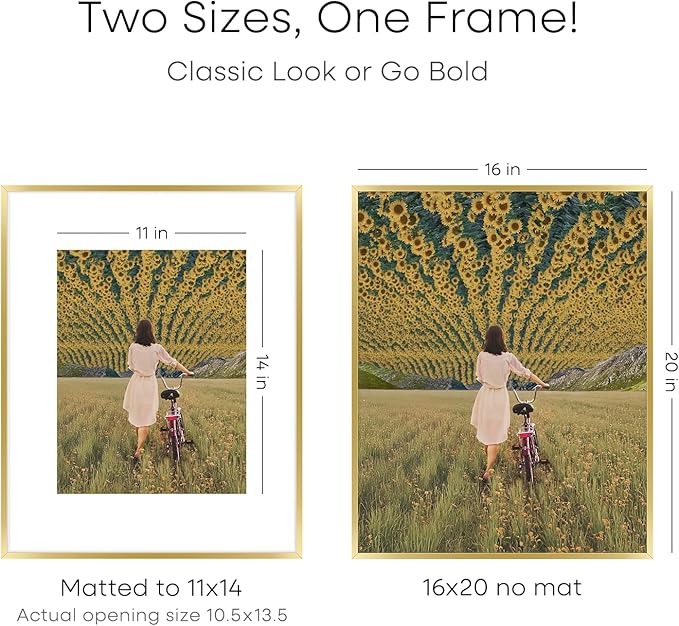 Homeforia 16 x 20 Picture Frame Gold, High End Metal 16x20 Poster Frames with Mat 11x14 Photo, 16 x 20 Gold Frame Matted to 11 by 14 Print, 20x16 Thin Hanging Frame, Tempered Glass, Wall Kit, Set of 1