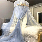 VETHIN Princess Bed Canopy for Girls Double Layer Sheer Mesh Dome Elegant Embroidery Lace Mosquito Net Bed Curtain for Full Queen King Bed with led Stars String Lights(Grey/White)