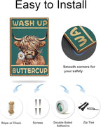 ALKB Highland Cow Sign Bathroom Wall Cow Painting for Western & Highland Cow Lovers - Funny Wash Up Sign 8 x 12 Inch