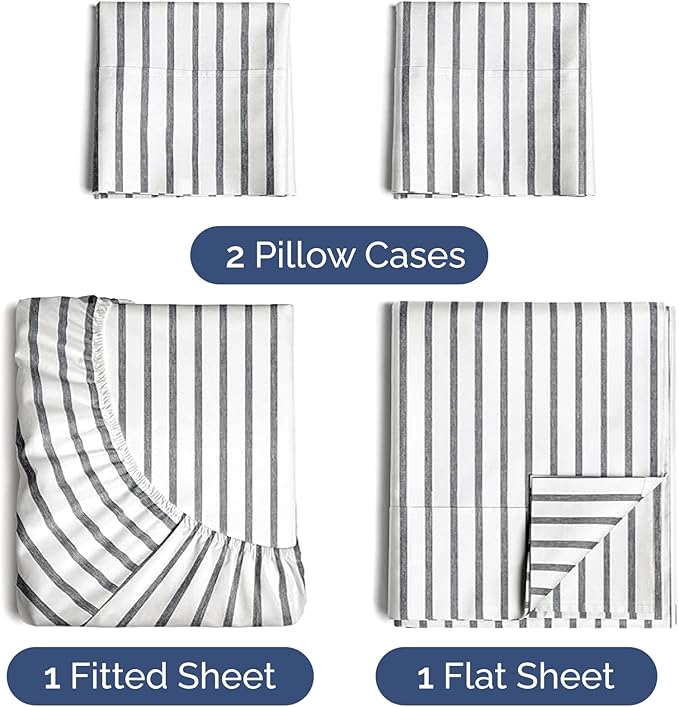 Twin XL Sheets Set 4 Piece - Includes 2 Pillowcases - Bed Sheets Twin XL - Soft Hotel Luxury Bedding - Cooling, Comfy & Breathable - 1 Flat & 1 Fitted & 2 Pillowcases w/ Deep Pockets - Grey Stripes