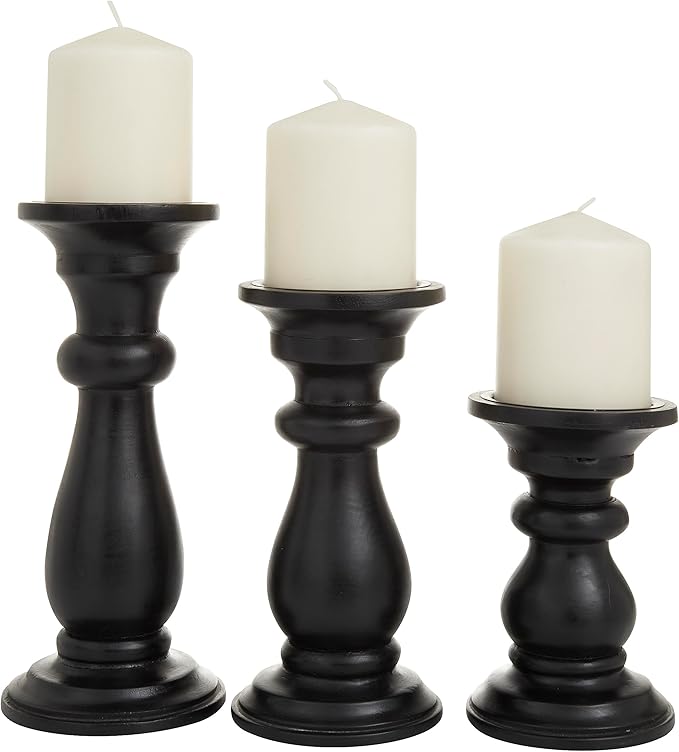 Deco 79 Mango Wood Decorative Candle Holder Turned Style Pillar Candle Stand, Set of 3 Candlestick Holder 10", 8", 6"H, Black
