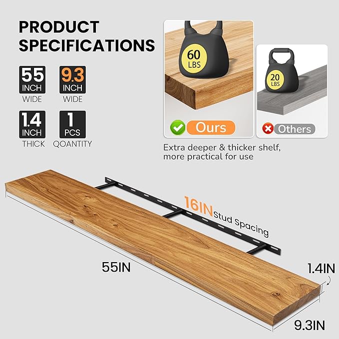 Fun Memories Floating Shelves for Wall, 55"x9.3" Rustic Solid Elm Wood Shelves, Heavy-Duty Wall Mounted Shelves with Invisible Brackets for Living Room, Bedroom, Kitchen, Natural Finish