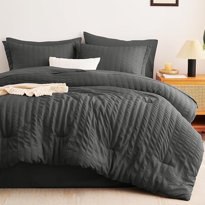 CozyLux Twin XL Comforter Set with Sheets Seersucker Dark Grey 5 Pieces Bed in a Bag, Twin Extra Long Luxury Bedding Sets for College Dorm with Down Alternative Comforter, Sheets, Pillowcases & Shams