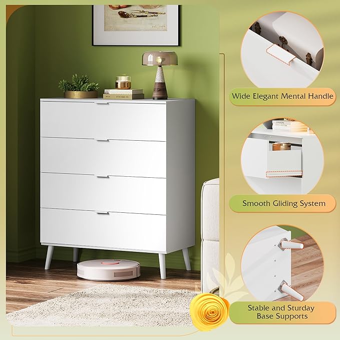 WLIVE 4 Drawer Dresser for Bedroom, White Tall Dresser, Modern Wood Dressers with Sturdy Metal Handle, Small Chest of Drawers for Living Room, Hallway