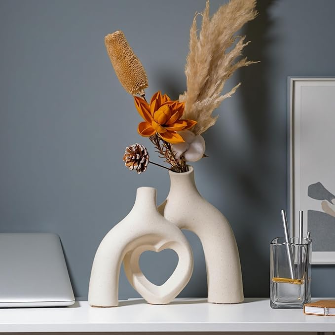 Snuggle Hollow Ceramic Decorative Vase, Modern Minimalist Nordic Boho Ins Style Vases for Home Decor Living Room Shelf Entryway Coffee Table or Console Décor (Matte Milky White)