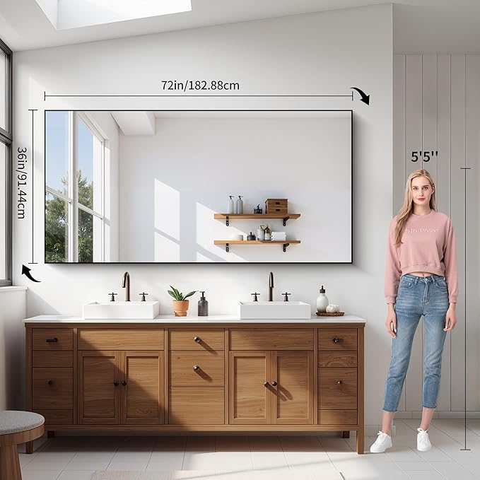 YIROMAN Bathroom Mirror 72"x36", Large Matte Black Bathroom Mirror for Over Sink with Aluminum Frame, Rectangular Vanity Mirror with Right Angle, Wall Mirror Hangs Horizontal or Vertical, Shatterproof