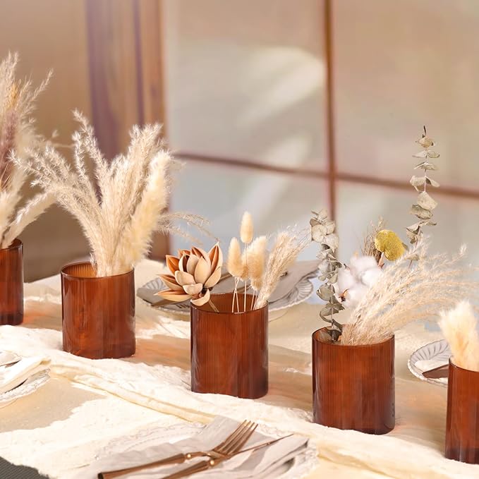 Amber Glass Cylinder Vases for Centerpieces, Set of 6 Small Vases for Flowers, Ribbed Flower Vases Fall Wedding Table Decor for Hurricane Floating Candle Holder, Bud Vases for Home Party Decor, 4"