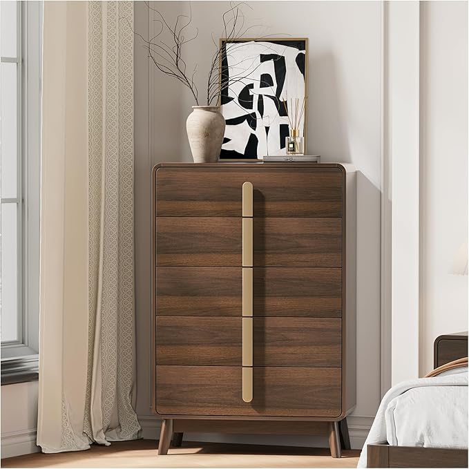 Dresser for Bedroom with 5 Drawers,Mid Century Modern Dresser with Storage,31" Wide Modern Chest of Drawers with Metal Handles,Large Wood Drawer Organizer for Bedroom,Living Room,Walnut