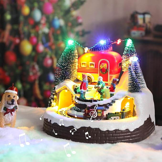 Christmas Village House Musical Christmas Collectible Buildings Camper Bonfire Train Rotation with LED Lights Vacation Village with USB Indoor Figurines Indoor Tabletop Decoration Xmas Decor
