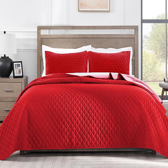 Exclusivo Mezcla Reversible Full Queen Quilt Bedding Set with Pillow Shams, Lightweight Quilts Queen Size, Soft Bedspreads Bed Coverlets for All Seasons - (Red, 90"x96")