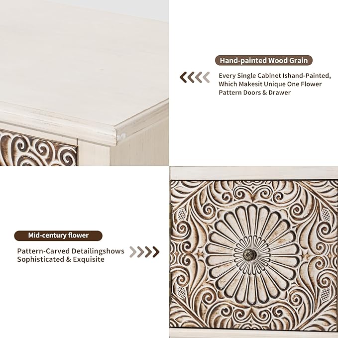 HOMPUS Nightstands Set of 2, White Nightstand with 3 Storage Drawers, Night Stand w Flower Pattern, Bedside Table Set of 2, Accent Table for Bedroom, Apartment, Light Grey Grain