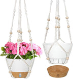 ZMTECH 2 Pack 10 Inch White Hanging Planters with Macrame Plant Hanger for Indoor and Outdoor Plants, Self Watering, Drainage Hole, Visible Level Tray
