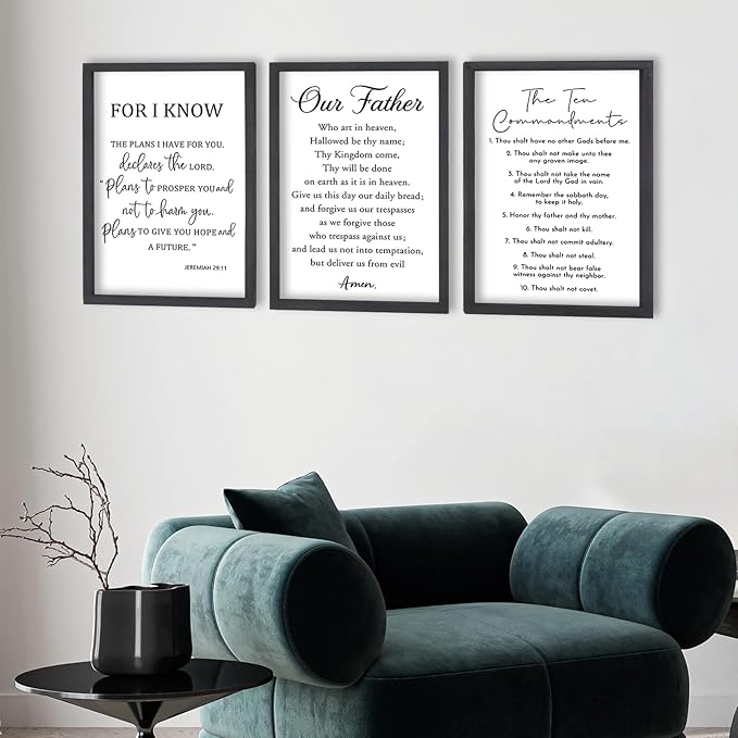 FZMHASLWW Bible Verse Scripture Wall Decor Art 16"×11" Inspirational Quotes Set of 3 Christian Sign Wood Framed Wall Hanging (Black