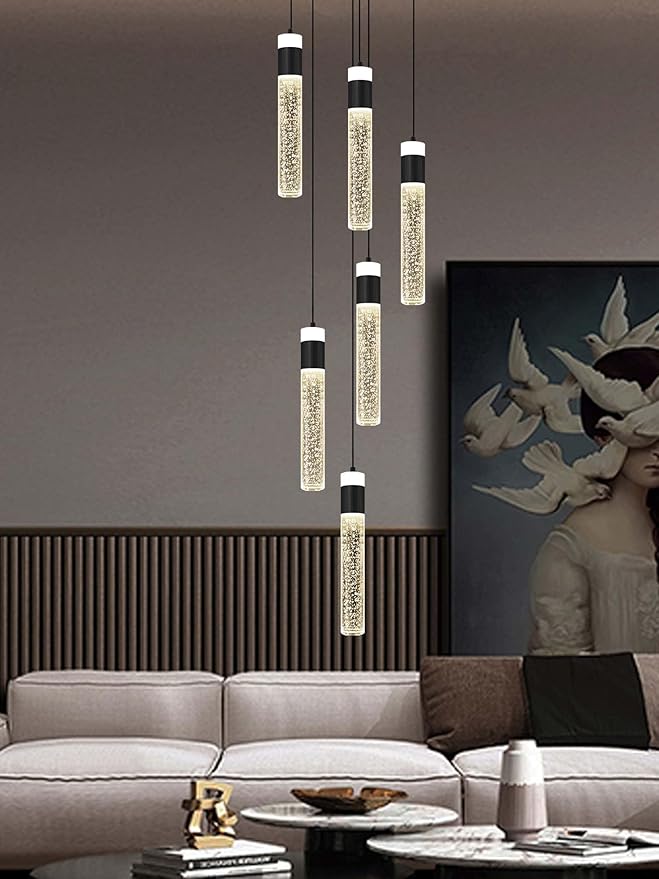 6-Light Black Modern Crystal Raindrop Chandelier for Dining Room Entrance Long Crystal Bubble Column Chandelier for High Ceiling Lighting Fixtures LED Lampara, 3000k-6000K