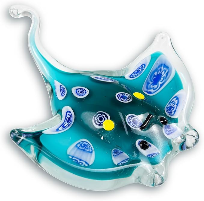 Crystal Ray Fish Figurine Hand Blown Glass Manta Ray Statue Collectibles Ocean Art Sea Animal Home Table Decor Gift Green 4.9''