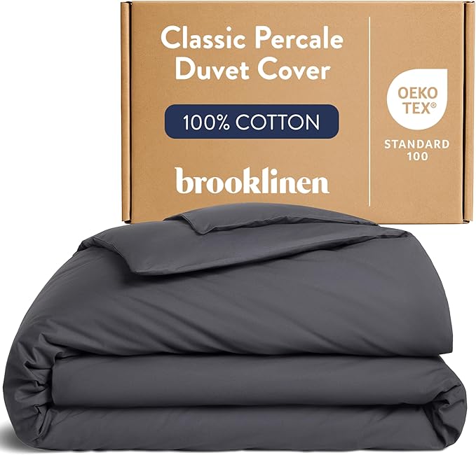 Brooklinen Luxury Percale Duvet Cover – 100% Cotton, Cool, Crisp, Extra-Long Corner Ties, Button Closure, Soft & Breathable – Machine Washable, Duvet Cover King/California King Bed Sizes (Slate)