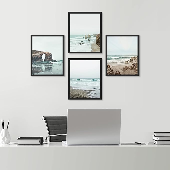 SIGNWIN Framed Rocky Storm Cloud Sky Beach Ocean Wall Art, Set of 4 Landscape Colorful Wall Decor Prints, Nature Wilderness Wall Décor for Living Room, Bedroom - 12"x16" Black