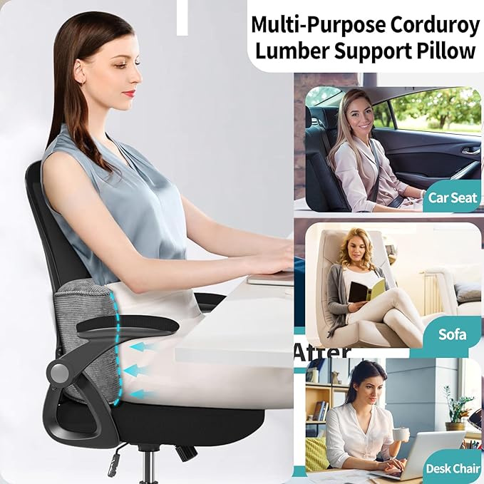 Lumbar Support Pillow for Office Chairs, Back Support Pillow for Lower Back Pain Relief, Soft & Good Support Corduroy Desk Lumbar Cushion, 17.5"x10"x5.5", Medium (Grey)