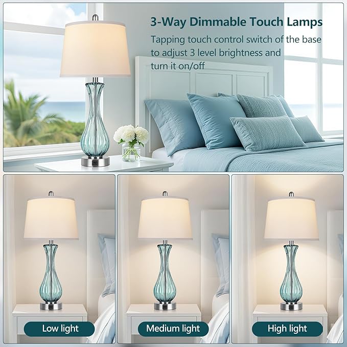 27.5" Coastal Glass Table Lamp Set of 2, 3-way Dimmable Full Touch Control Beach Lamp with USB A+C Port, Glass Nautical Bedside Lamp with White Shade for Living Room Bedroom(LED Bulbs Included)