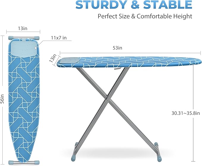 APEXCHASER Ironing Board with Silicon Iron Rest, Heavy-Duty Legs and Heat Resistant Cover, 13x53 inch, Blue