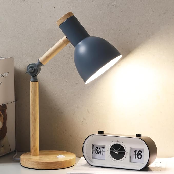 Small Wooden Desk Lamp,Adjustable tri-Color Kids Table Lamp,Desk Lamp for Home Office,Bedside lamp,Dorm lamp (Grey)
