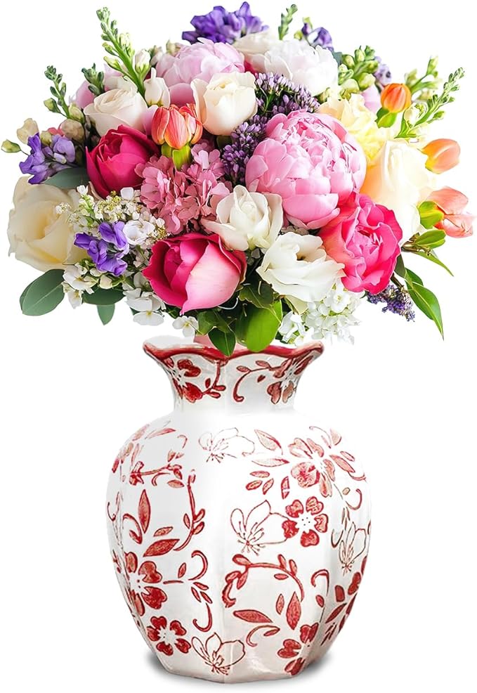 Chinoiserie Vase,6 inch Red and White Vase,Vintage Ceramic Vases,Flower Vase for Centerpiece,Chinese Cute Vases for Living Room, Office,Home Decor (Red White, Small)