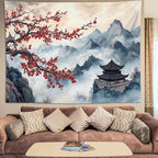 keowhsf Japanese Tapestry Aesthetic Wall Decor – Watercolor Ink Landscape with Red Plum Blossoms and Misty Mountains, Asian Art Hanging for Bedroom, Living Room, Dorm