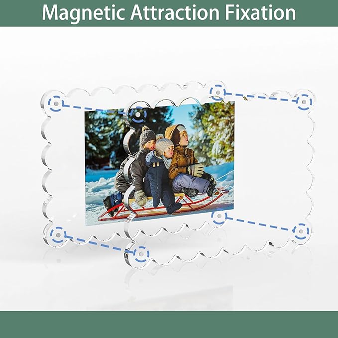 Opps Acrylic Picture Frame 4x6: 3 Pack Magnetic Picture Frames, Cute Wavy Double Sided Photo Frame, Clear Scalloped Picture Frame for Home Decor Display