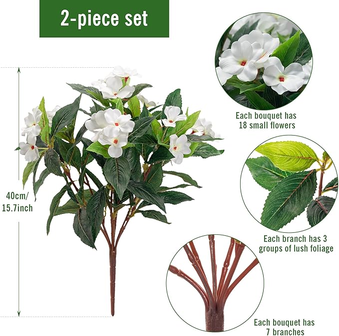 Artificial Impatiens Bouquet Flowers for Outdoors Silk Faux Flowers for Outdoor Impatiens Plants Decor Indoor Planters Kitchen Planters and Balcony Decorations 2PCS (White)