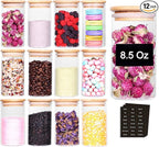 12 Pcs Glass Spice Jars - 8.5oz Empty Small Glass Bottles with Bamboo Airtight Lids and Labels - Thicken Seasoning Spice Containers for Kitchen Organization and Storage…