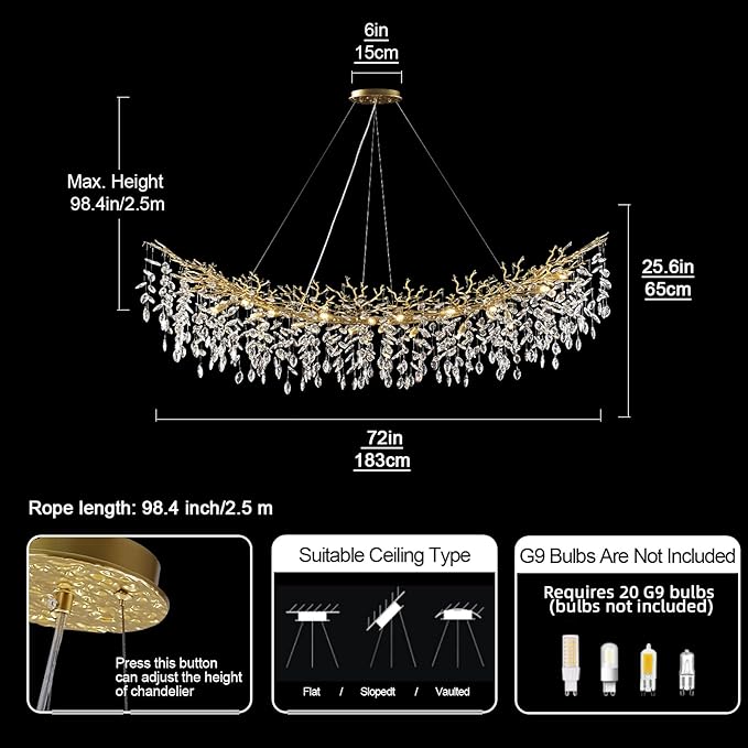 Modern Crystal Gold Chandelier,72" Large Rectangular Chandeliers for Dining Room, Tree Branch Crystal Lving Room Chandelier,Dining Room Over Table Chandeliers,Fixture Height-Adjustable