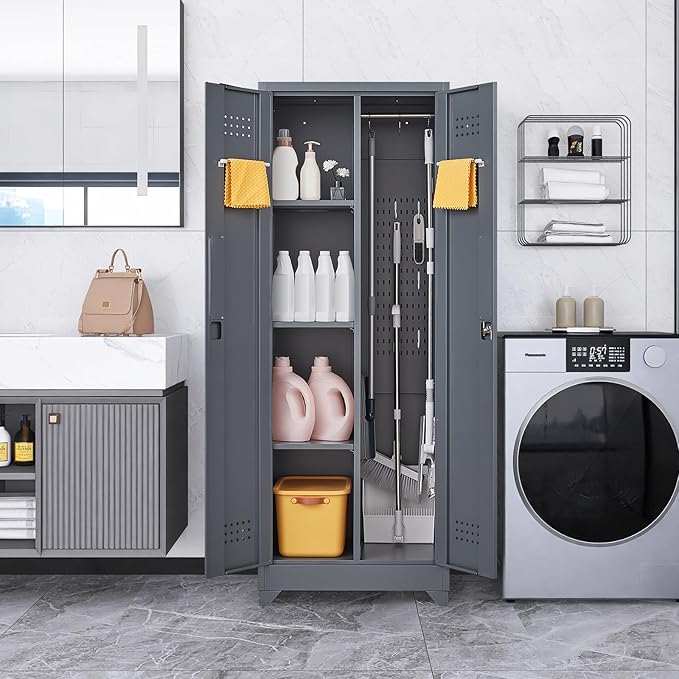 Storage Cabinet,Metal Locking Cabinets with Doors and Shelves,Functional Garage Storage Cabinet for Garage, Home Office,Gray